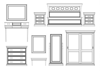 Bedroom set. Furniture linear drawings in vector.