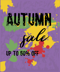 Text Autumn Sale, discount banners.Grunge elements, ink drops, abstract background. Vector illustration.