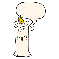 cartoon happy candle and speech bubble in comic book style