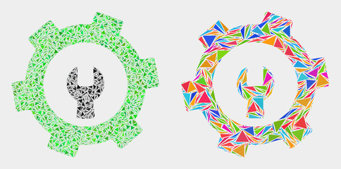 Repair gear mosaic icon of triangle elements which have different sizes and shapes and colors. Geometric abstract vector illustration of repair gear.