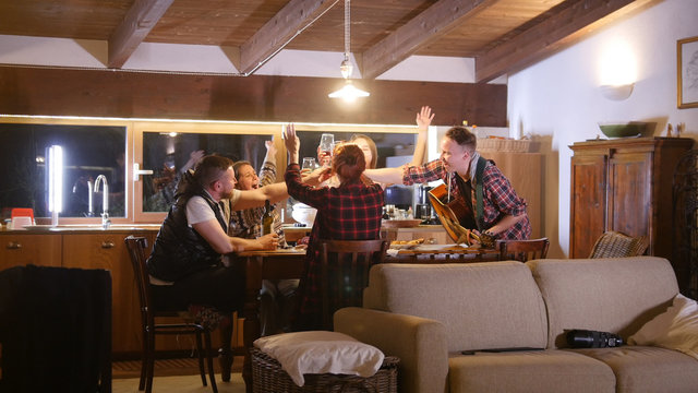 Friends Having A Party In The Cozy House - Drink Wine - Cheers