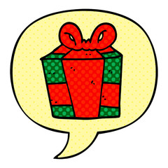 cartoon present and speech bubble in comic book style