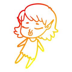 warm gradient line drawing pretty cartoon elf girl flying