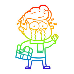 rainbow gradient line drawing cartoon crying man with present