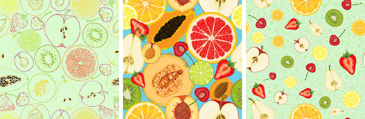 Set of vector seamless pattern with fruit slices. Apple, pear, peach, apricot, plum, cherry, kiwi, papaya, orange, lemon, lime, grapefruit, melon, strawberry on a blue background