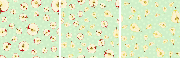 Vector seamless pattern with fruit slices. Apples and pears on a green-blue polka dots background