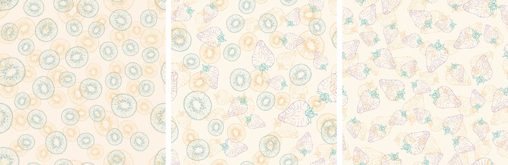 Set of vector seamless pattern with fruit slices. Kiwi and strawberries on a light beige background