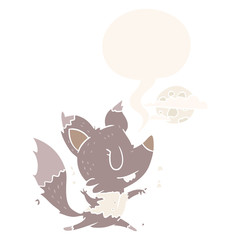 cartoon halloween werewolf changing in moonlight and speech bubble in retro style