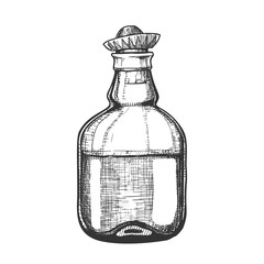 Design Blank Tequila Bottle Mexican Hat Cap Vector. Drawn Sketch Authentic Mexico Bottle Of Cactus Alcoholic Beverage With Sombrero On Top. Monochrome Glass Container Template Cartoon Illustration