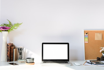 Workspace desk and laptop. copy space and blank screen. Business image, Blank screen laptop and supplies.