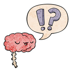 cartoon curious brain and speech bubble in retro texture style