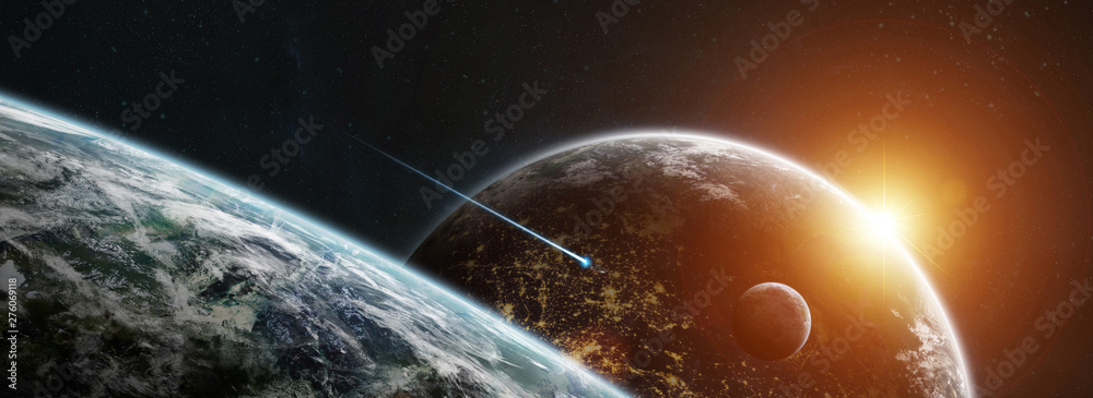Wall mural distant planet system in space with exoplanets 3d rendering elements of this image furnished by nasa