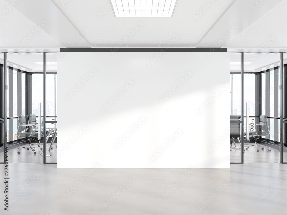 Poster blank white wall in concrete office with large windows mockup 3d rendering