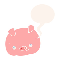 cartoon happy pig and speech bubble in retro style