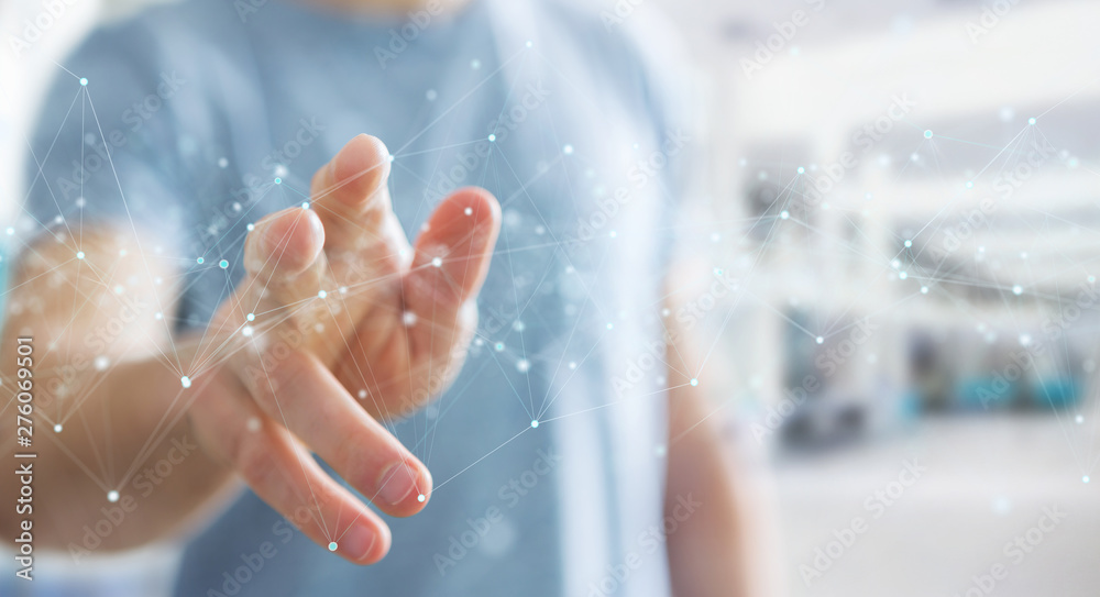 Fototapete Businessman using floating digital network connections with dots and lines 3D rendering