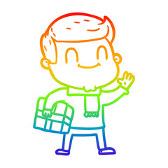 rainbow gradient line drawing cartoon friendly man with xmas gift