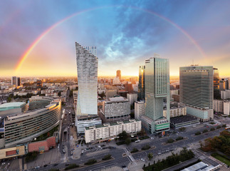 Rainbow over panorama of Warsaw, Poland, Europe - obrazy, fototapety, plakaty