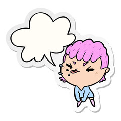 cute cartoon rude girl and speech bubble sticker