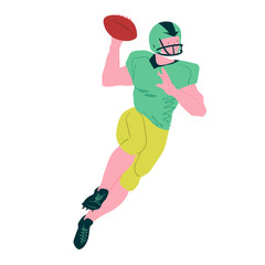 American football player. Sportsman in jump throws a ball. Vector flat illustration. Avatar, the people isolated on white.