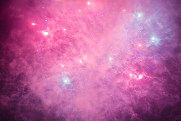 Explosive and colorful holiday fireworks at night sky.