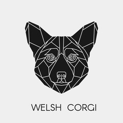 Geometric welsh corgi. Polygonal head of animal. Black silhouette. Vector illustration.	
