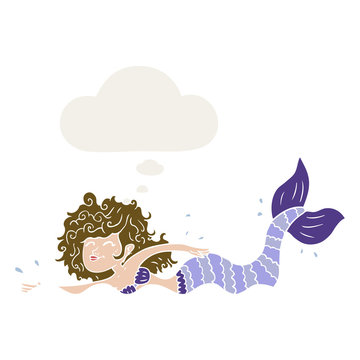 cartoon mermaid and thought bubble in retro style