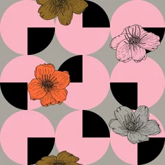 Cercles muraux Coquelicots Fleurs stylisées d& 39 anémone ou de coquelicots, modèle sans couture de vecteur. Fond floral dessiné à la main dans des couleurs pastel rétro et des formes géométriques.