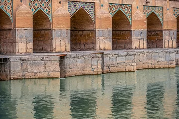 Zelfklevend Fotobehang Khaju Brug mosaic elements of Khaju Bridge with plenty of arches over Zayandeh river, iranian pattern, Serving as a dam as well