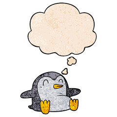 cartoon penguin and thought bubble in grunge texture pattern style