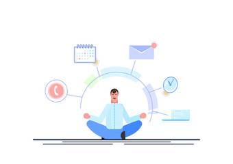Businessman is sitting and holding briefcase with office icons on the background. Multitasking and time management concept. Effective management. Vector illustration. - Vector