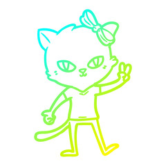 cold gradient line drawing cute cartoon cat girl giving peace sign