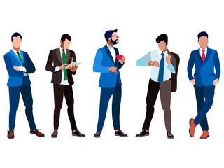 Obraz premium A set of businessmen five people. Isolated on white background. In minimalist style. Cartoon flat Raster