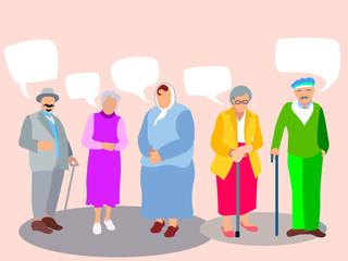 A set of people, pensioners, grandparents. Isolated on white background. In minimalist style. Cartoon flat raster Text bubble