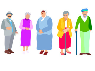 A set of people, pensioners, grandparents. Isolated on white background. In minimalist style. Cartoon flat raster