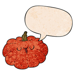 happy cartoon pumpkin and speech bubble in retro texture style