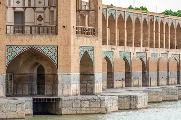 Photo sur Plexiglas Pont Khadjou mosaic elements of Khaju Bridge with plenty of arches over Zayandeh river, iranian pattern, Serving as a dam as well