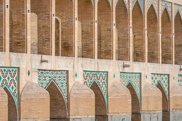 Papier Peint photo autocollant Pont Khadjou mosaic elements of Khaju Bridge with plenty of arches over Zayandeh river, iranian pattern, Serving as a dam as well