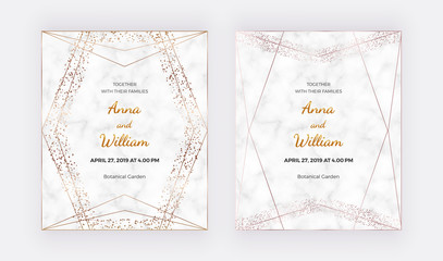 Gold geometric polygonal lines, confetti on marble background. Trendy templates for banner, flyer, poster, save the date, greeting
