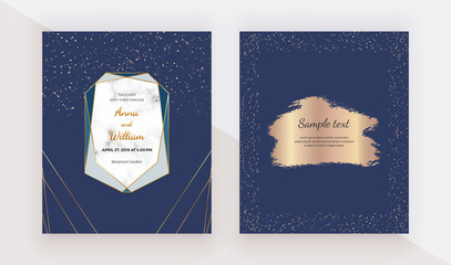 Design cards with gold geometric polygonal lines, confetti, frame and watercolor texture on the dark blue background. Trendy templates for banner, flyer, poster, save the date, greeting