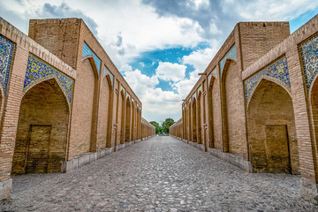 empty passage through Khaju Bridge in Isfahan over Zayandeh river, Iran province