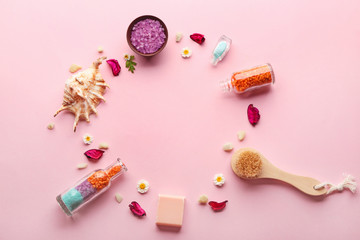 Beautiful spa composition on color background