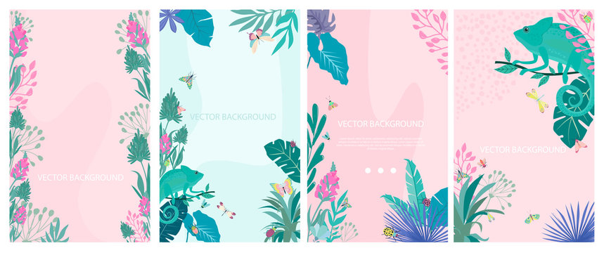 Set of abstract vertical background with insects and plants. Background for mobile app page minimalistic style. Editable Vector illustration