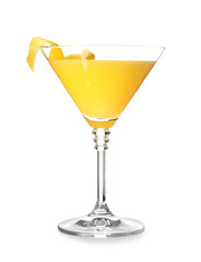 Glass of tasty summer cocktail on white background