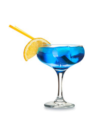 Glass of tasty summer cocktail on white background