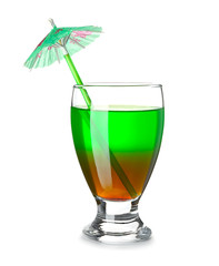 Glass with tasty summer cocktail on white background
