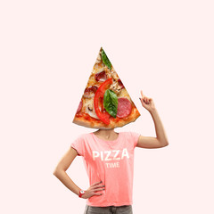 It's time for lunch or pizza on thoughts of a woman against coral background. Negative space to insert your text or ad. Modern design. Contemporary art. Creative conceptual and colorful collage.