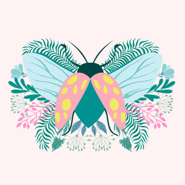 Abstract background with beetle and plants. Background in minimalistic style. Editable Vector illustration