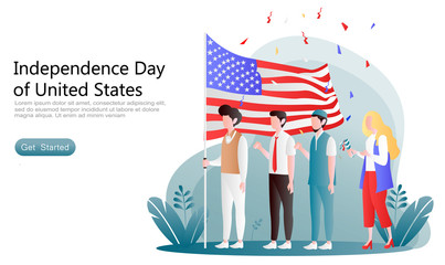 flat vector cartoon illustration independence day america.  a group of people were carrying out a ceremony and celebration with flags, sets of plants. for landing page, website, ui, ux, apps, homepage