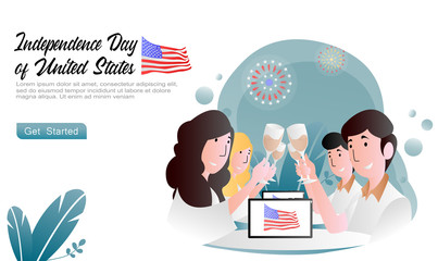 flat vector cartoon illustration celebrate America's independence day with lovers by cheers drinking and seeing fireworks. tablets display American flags, plant. for landing page, web, ui, homepage, 