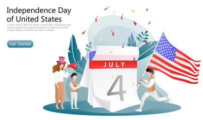 Fototapeta na wymiar flat vector cartoon illustration celebrate independence day usa. Men run bring and raising flags, women give spirit. Concept 4th of july calendar, set of plants. for landing page, website, ui, ux, app